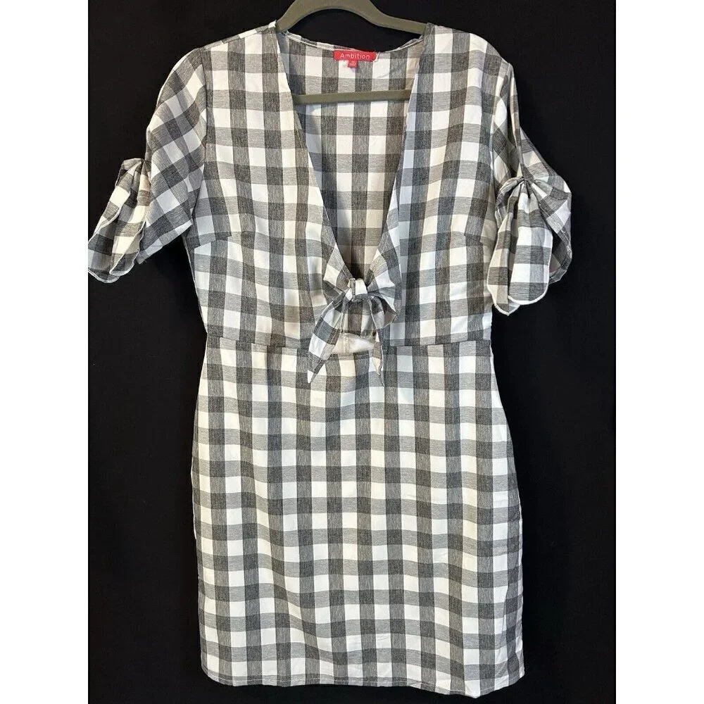 Ambition Women’s Sz Large Sexy Summer Dress NWT Lined Tie Bodice Gray White - Picture 2 of 9